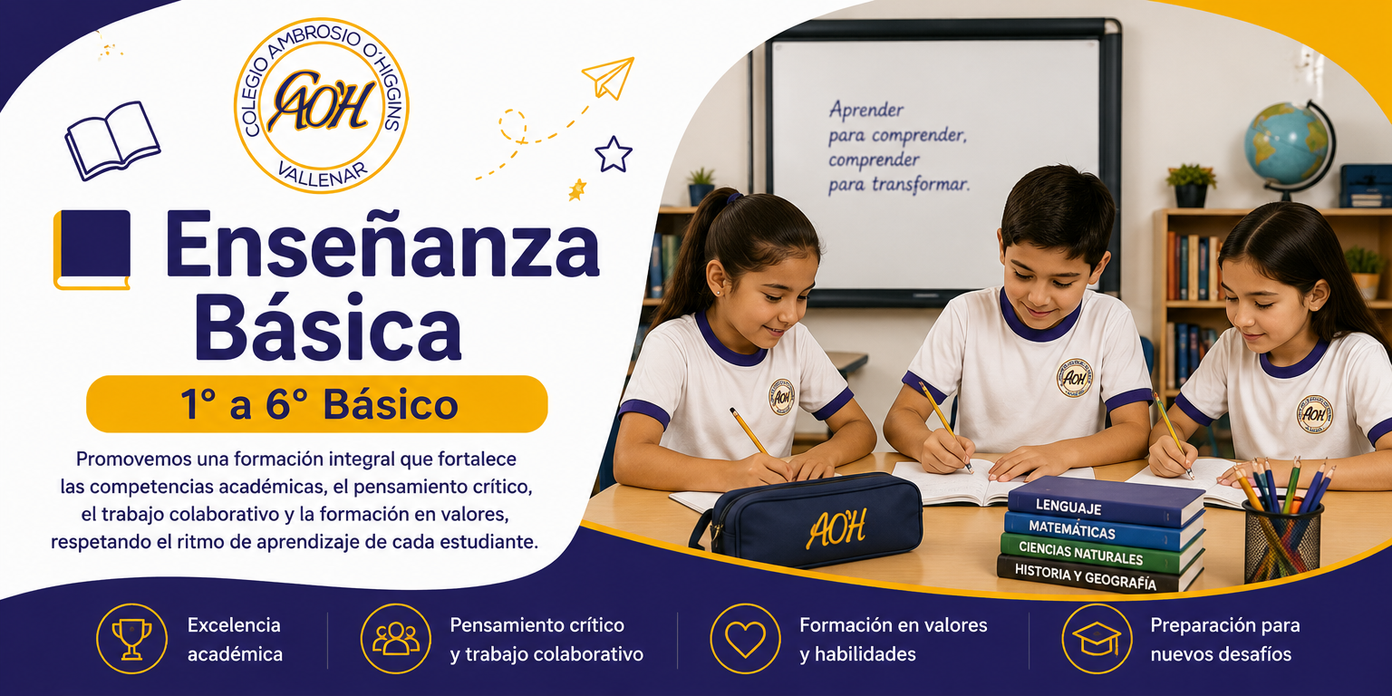 1° a 6° Básico Promovemos una formación integral que fortalece las competencias académicas, el pensamiento crítico, el trabajo colaborativo y la formación en valores, respetando el ritmo de aprendizaje de cada estudiante."